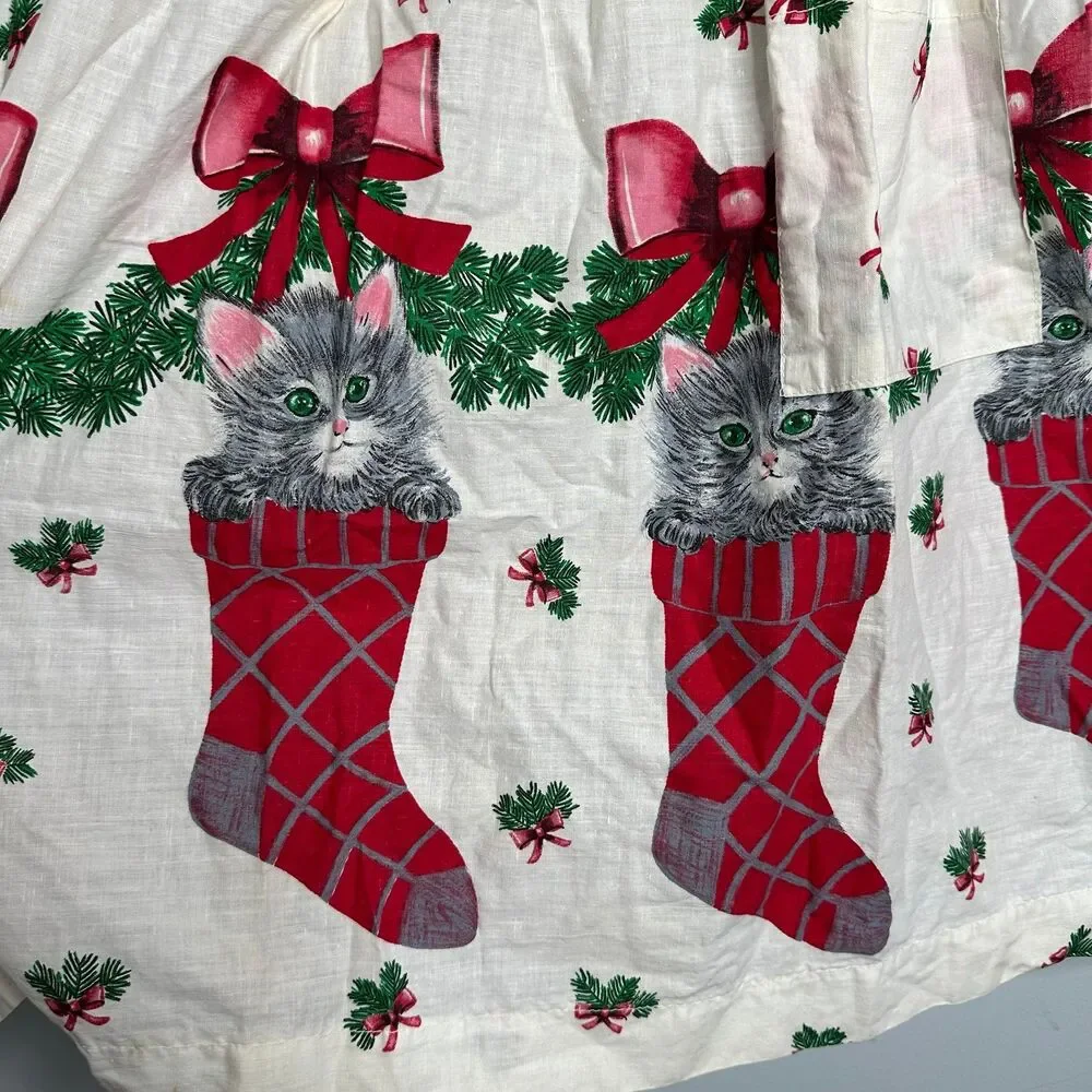 Vintage Holiday Christmas Skirt Apron Gray Kittens in Stockings Cotton